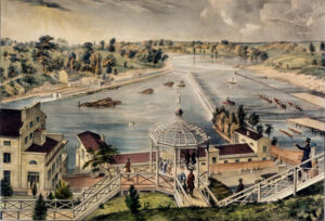 This 1838 view of the Fairmount Water Works with the Schuylkill River in the distance, by John T. Bowen, “captures the pleasures of Fairmount in its heyday,” writes historian Jane Mork Gibson. “The neat beauty of the works set into a gentle landscape, steep paths and steps that offered an exhilirating contrast to the general flatness of Philadelphia, as well as the excitement of boat races on the river and refreshments offered in the former Engine House, all prompted the admiring comments of visitors.”