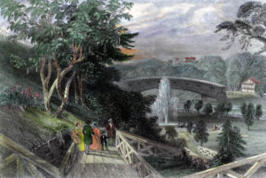 Fairmount Gardens, with the Schuylkill Bridge. This 1839 engraving, published in London, shows a view of the South Garden from the walkways that brought visitors up the cliffside to the overlooks at the height of the reservoirs. The fountain used the pressure of the reservoirs and was a a delightful refreshment in hot weather, and a wonder at all times. One anachronistic element of this engraving is the Upper Ferry Bridge, which burned the year before the print was published. Harding’s Hotel, a popular resort, is at the western end of the bridge.