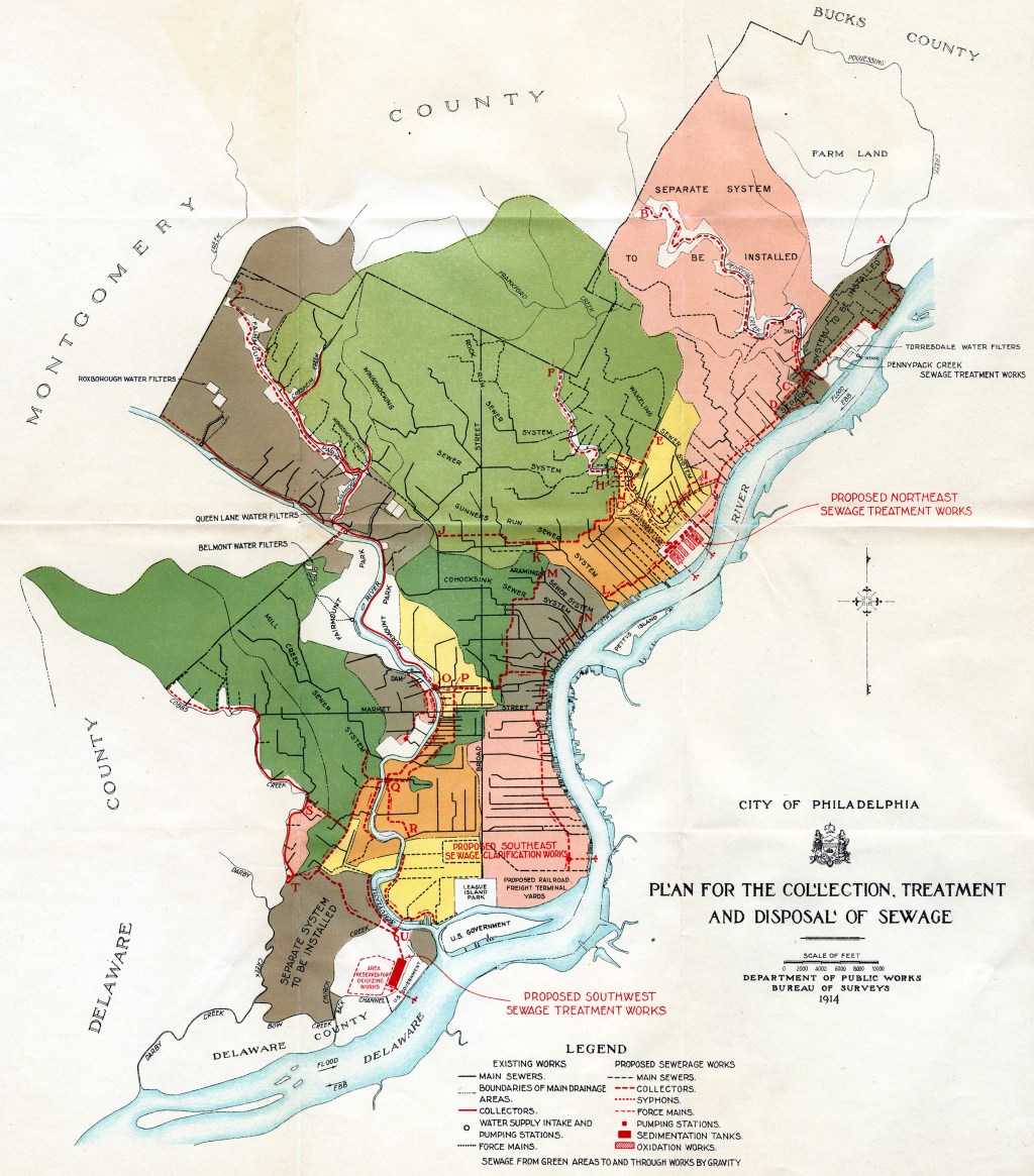 1914 map showing the plan for the collection and treatment of sewage in Philadelphia.