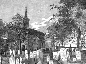 Old Swedes Church and Burial Ground, from an engraving in the 1888 Philadelphia Record Almanac (Adam Levine Collection)