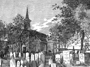 Old Swedes Church and Burial Ground, from an engraving in the 1888 Philadelphia Record Almanac (Adam Levine Collection)