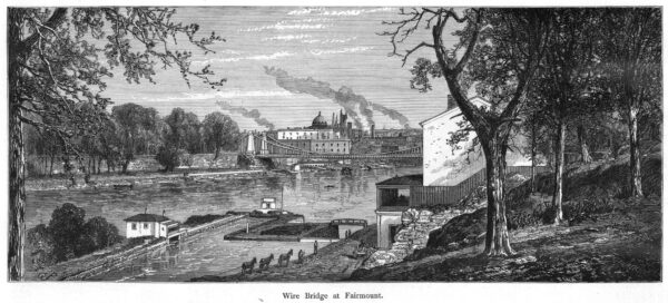 Black-and-white etching of the Wire Bridge at Fairmount, 1873