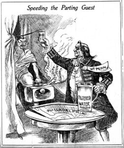 Cartoon depicting William Penn toasting the Devil with a glass of filtered water