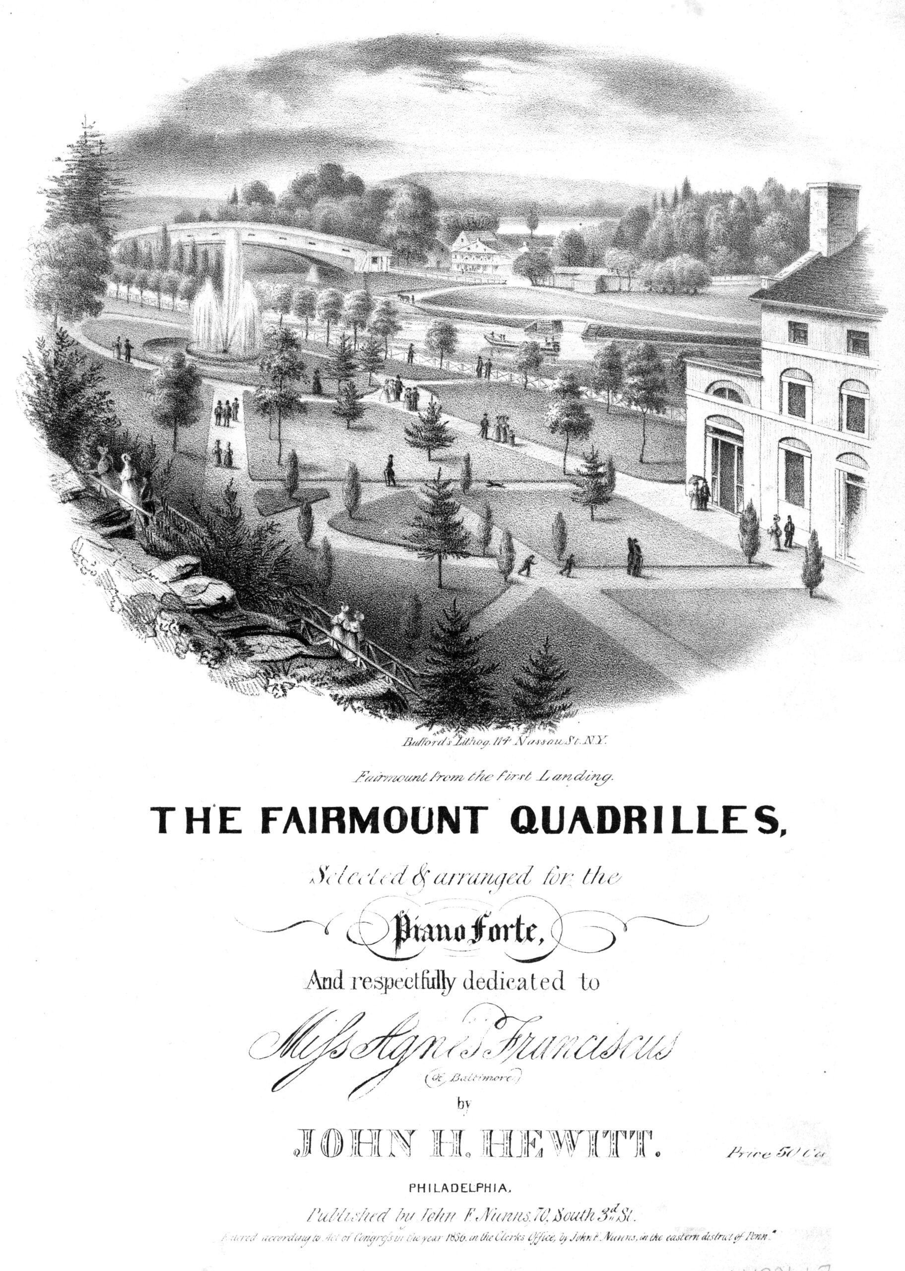 Ornate black-and-white title page to the 1836 sheet music for The Fairmount Quadrilles