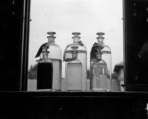 36. [Laboratory] Left to right: raw water, settled water, filtered water, ca. 1943