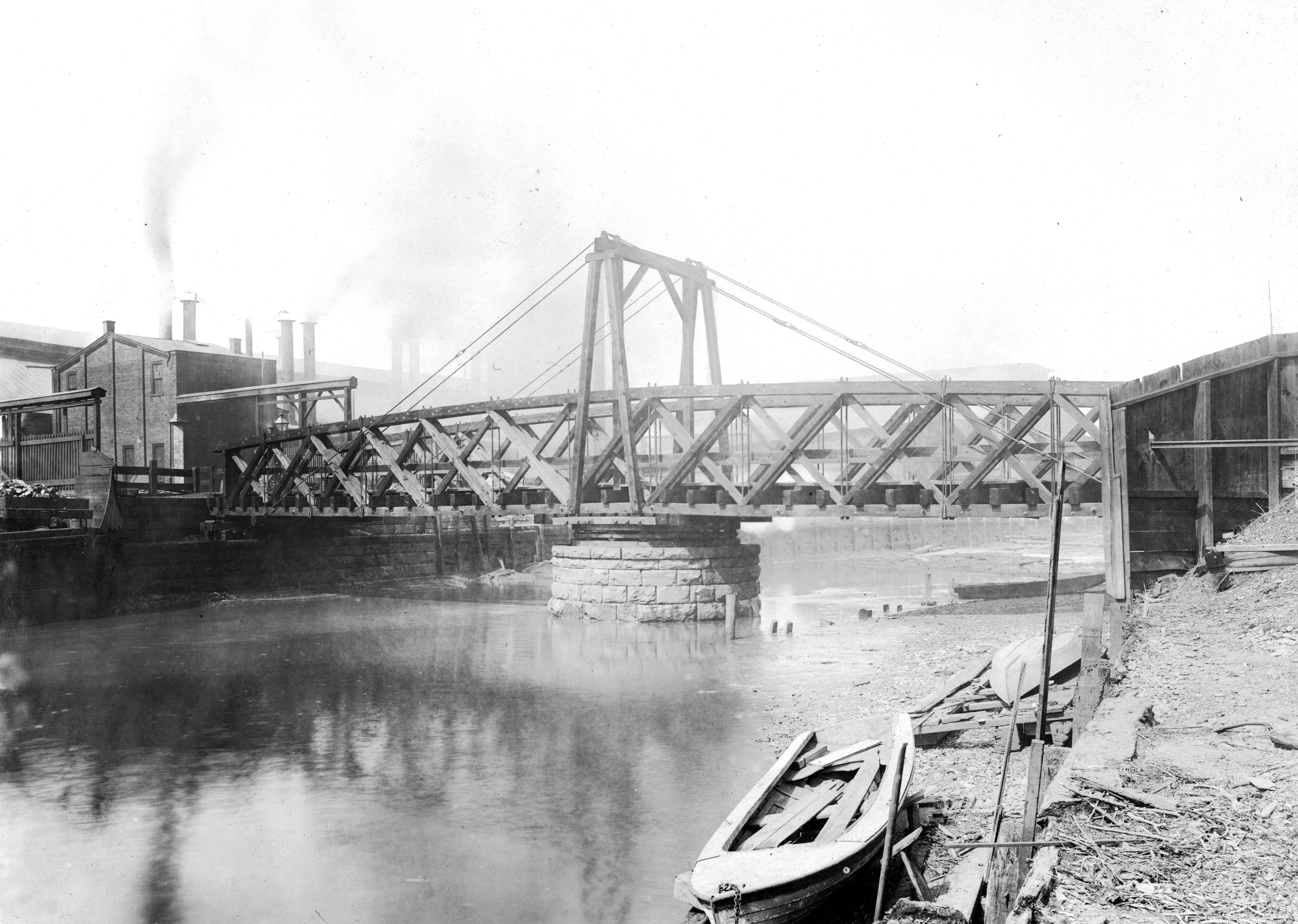 Aramingo Canal before sewer construction, with Beach Street Bridge, March 20, 1900