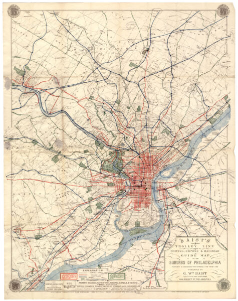 Map showing various routes of transportation in Philadelphia and surrounding area. Focused mainly on suburban Philadelphia areas.