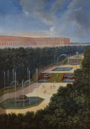 Vue du Bosquet des trois Fontaines (View of the Grove of the Three Fountains), at Versailles. Painting by Jean Cotelle (the Younger, (c) Réunion des musées nationaux. Used with permission.