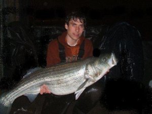 Chris McIntee holding a 42 inch striper