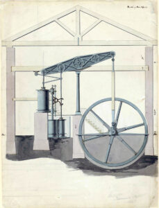 Frederick Graff’s drawing of the 1815 steam engine, adapted from a design by Englishmen Matthew Boulton and James Watt, shows the engine from the north, with Faire Mount and the reservoirs to the left of the drawing and the river to the right. The 1815 engine sat on the south side of the Engine House and was thus called the South Engine. As Graff indicated in his drawing, the Engine House was essentially open from river level to the roof in order to accommodate the massive beam and fly wheel of the two engines. While Graff showed the crank attached to the axle of the fly wheel, he left the crank shaft and the pump out of the drawing. The North Engine, designed and built in 1816 by Philadelphian Oliver Evans, advanced steam engines’ operating pressures from 2 pounds per square inch (psi) to 200 psi, a significant technological achievement.