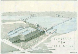 Color drawing of an elevated water reservoir on the banks of a river with green land shown on either bank