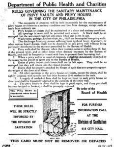 A list of rules governing the sanitary maintenance of privy vaults in Philadelphia in 1915