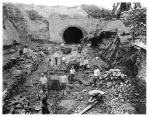 Photo of a work crew constructing a sewer in Rock Run, Tacony Creek, Philadelphia