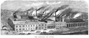 Henry Disston's Keystone Saw Works was located along the Delaware riverfront in Tacony. The black-and-white lithograph shows the factory's many smokestacks emitting smoke into the atmosphere.