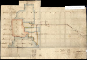 Colored ink drawing showing drainage areas and sewer inlets in Philaelphia in the early 19th century