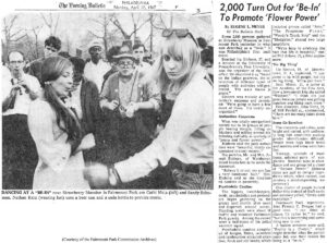 Black-and-white image of several young people along with a news article