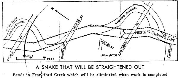 Image shows a black-and-white drawing of a creek with dotted lines indicating where changes will be made
