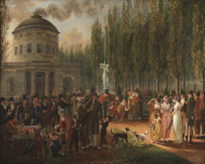 Fourth of July in Centre Square, John Lewis Krimmel, ca. 1812. The wooden statue in the fountain, “Allegory of the Schuylkill River (Water Nymph and Bittern)”, was carved in 1809 by Philadelphia sculptor William Rush.