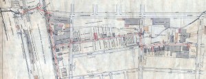 Technical drawing showing streets and sewers