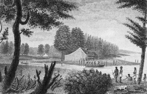 The landing of William Penn at Dock Creek, Philadelphia. The building in the picture is the Blue Anchor Tavern, which was built shortly before Penn’s arrival. (Castner Collection/Free Library of Philadelphia)