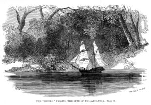 A black-and-white image of a small ship with white sails on a river in front of a landscape of trees and the riverbank