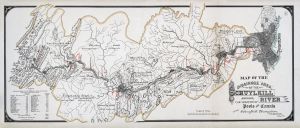 Hand-drawn and colored map depicting a river with streams branching off of it