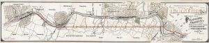 Hand-colored map of a river with streets above it in a grid and streams branching off of it.