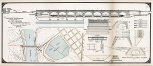 Color image showing a bridge, a river, a reservoir and several cross-sections of bridge structures.