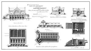 Black-and-white drawing showing several house-shaped structures