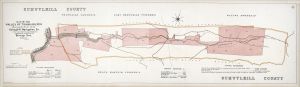 Color topographical map of a long river running through a valley
