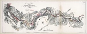 Painted map of a winding river with gray indications of land on either side