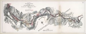 Painted map of a winding river with gray indications of land on either side