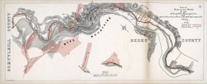 Painted map of a winding river with land on both sides