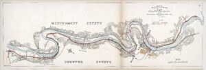 Hand-drawn and hand-colored map of a winding river with some streets nearby