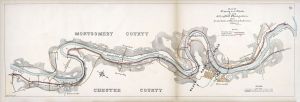 Hand-drawn and hand-colored map of a winding river with some streets nearby
