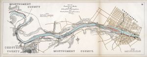 Hand-drawn and hand-colored map of a river with a town's street grid at one end.