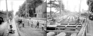 Two black-and-white photographs of pipeline construction on State Road. Depicted are a group of people, trees, buildings, a fire hydrant and a grid of boards over the pipes.