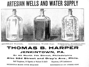 Image shows three bottles of water, one clear, one dark and one with sediment floating in it.