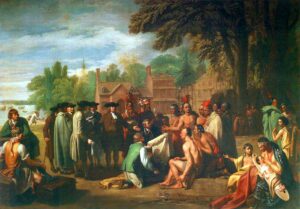 William Penn’s treaty with the Indians when he founded the Province of Pennsylvania in North America. Painting by Benjamin West, 1771.