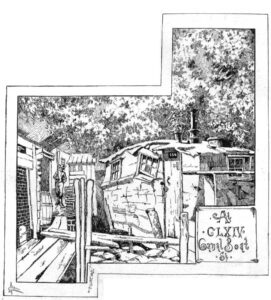 Black-and-white drawing of two cabins with a wooden walkway in front