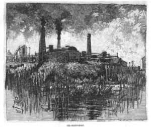 Black-and-white image of a refinery with smokestacks emitting smoke