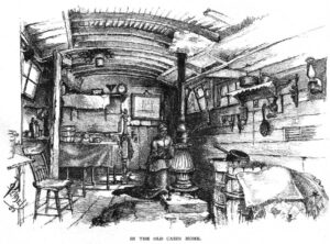 Black-and-white drawing of the interior of a humble cabin