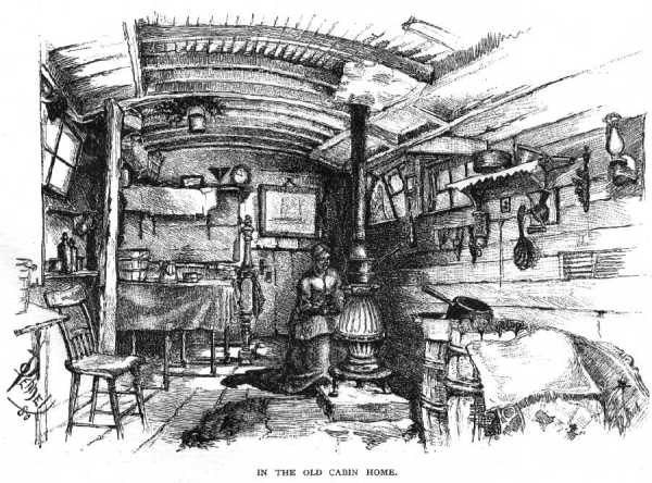 Black-and-white drawing of the interior of a humble cabin