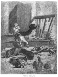 Black-and-white drawing of several dogs on a porch with a baby behind them