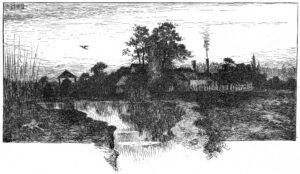 Black-and-white drawing of several dim houses with chimneys emitting smoke and trees and marshland around them