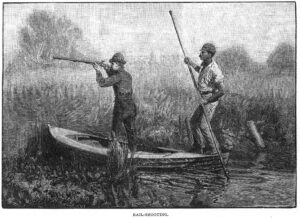 Black-and-white image of two men in a boat with guns
