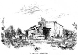 Black-and-white drawing of the exterior of a small cabin showing the porch and yard