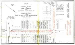 Black-and-white diagram showing streets and the Little Tacony Creek